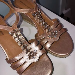 Rose Color Jeweled Open Toe Wedge Sandals